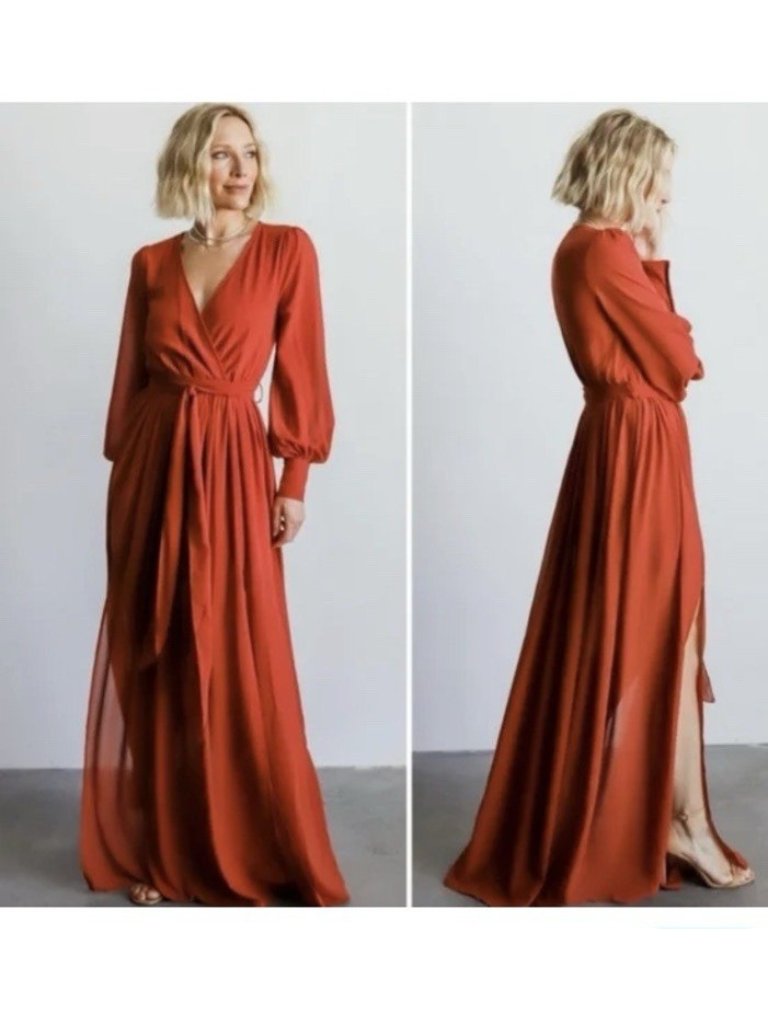 Baltic Born Celine Rust Maxi Dress Long Sleeve Wrap Boho Wedding Guest S Nwt